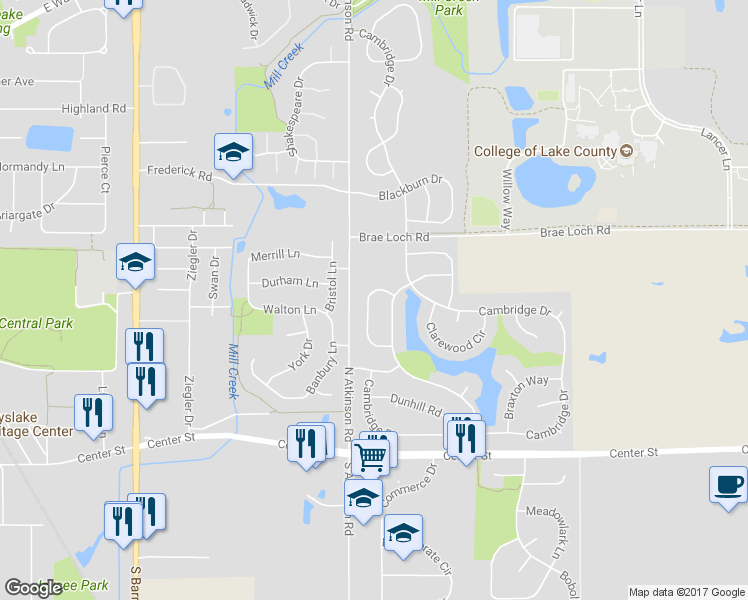 map of restaurants, bars, coffee shops, grocery stores, and more near 357 Dorchester Lane in Grayslake