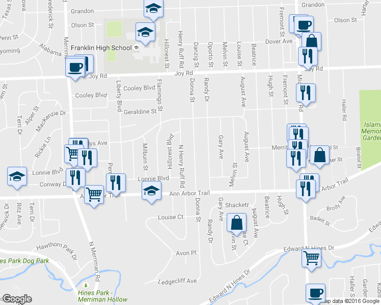 map of restaurants, bars, coffee shops, grocery stores, and more near 8213 Donna Street in Westland