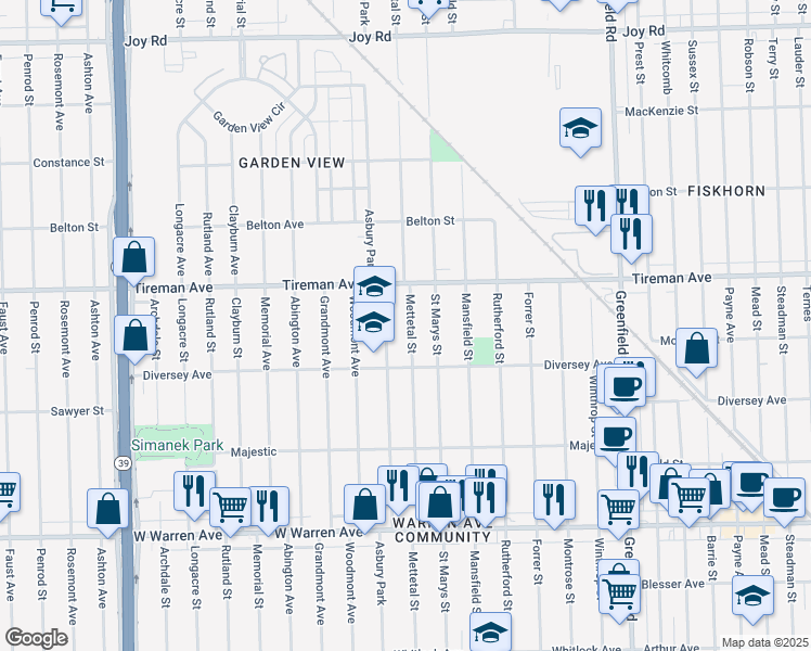 map of restaurants, bars, coffee shops, grocery stores, and more near 7777 Mettetal Street in Detroit