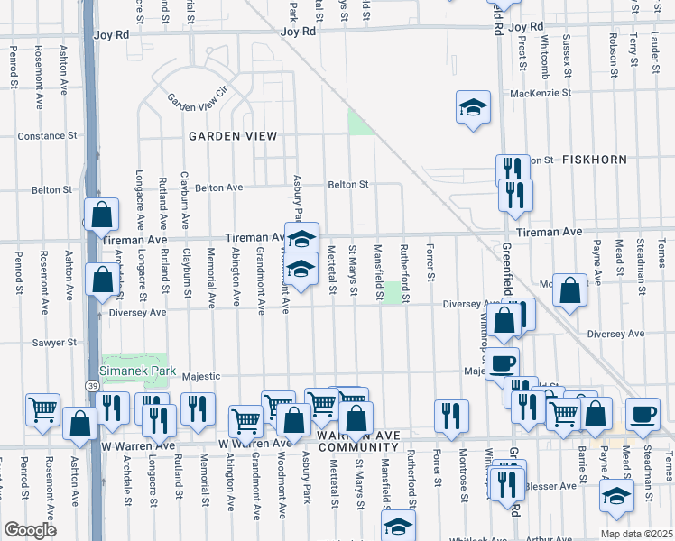 map of restaurants, bars, coffee shops, grocery stores, and more near 7777 Mettetal Street in Detroit