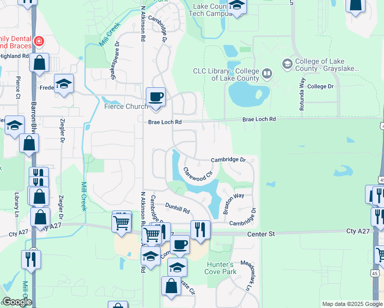 map of restaurants, bars, coffee shops, grocery stores, and more near 407 Cambridge Drive in Grayslake