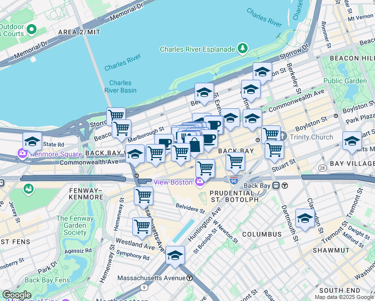 map of restaurants, bars, coffee shops, grocery stores, and more near in Boston