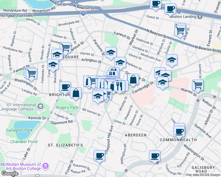 map of restaurants, bars, coffee shops, grocery stores, and more near 8 Waldo Terrace in Boston