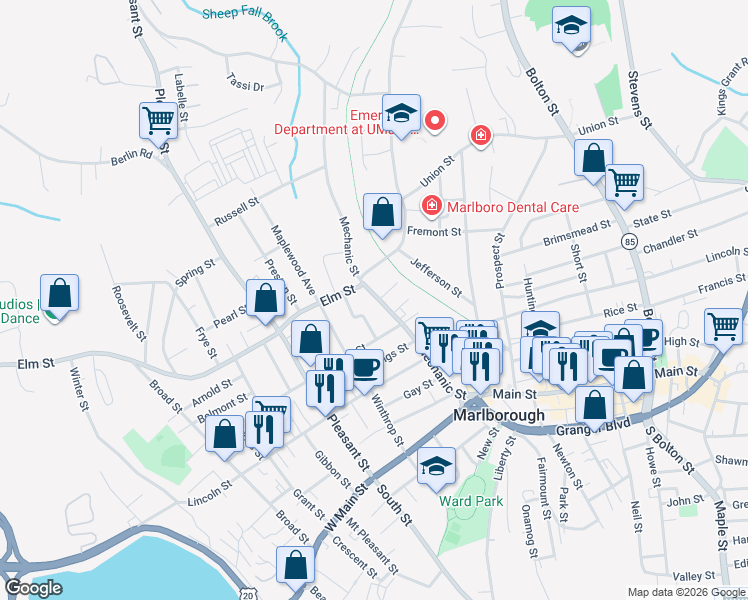 map of restaurants, bars, coffee shops, grocery stores, and more near 140 Mechanic Street in Marlborough