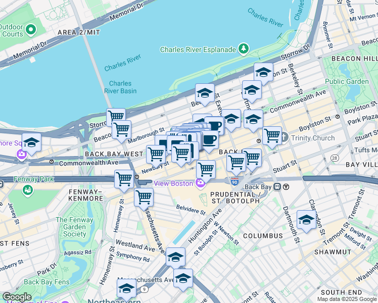 map of restaurants, bars, coffee shops, grocery stores, and more near 267 Newbury Street in Boston