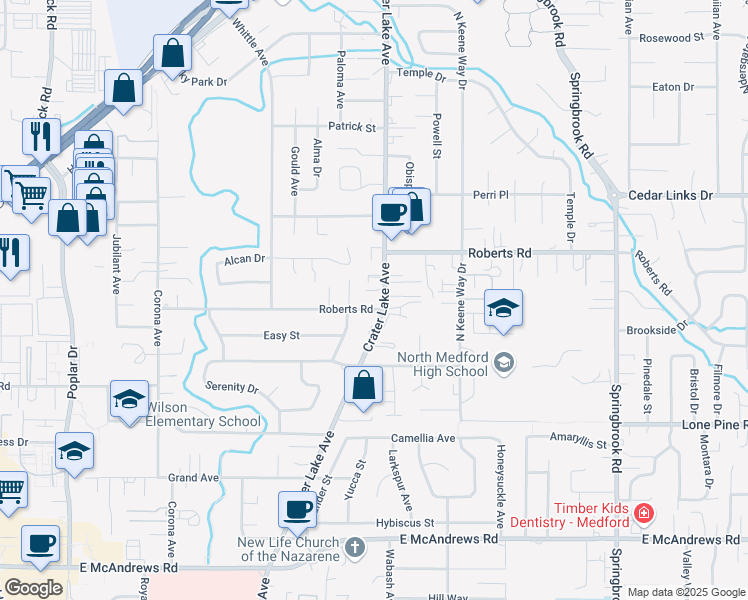 map of restaurants, bars, coffee shops, grocery stores, and more near 2133 Crater Lake Avenue in Medford
