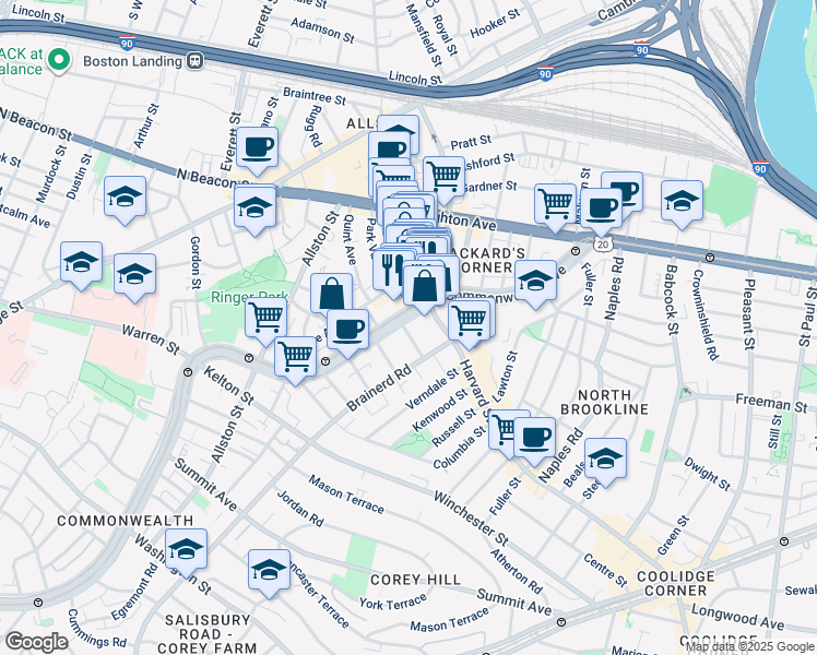 map of restaurants, bars, coffee shops, grocery stores, and more near 1254 Commonwealth Avenue in Boston