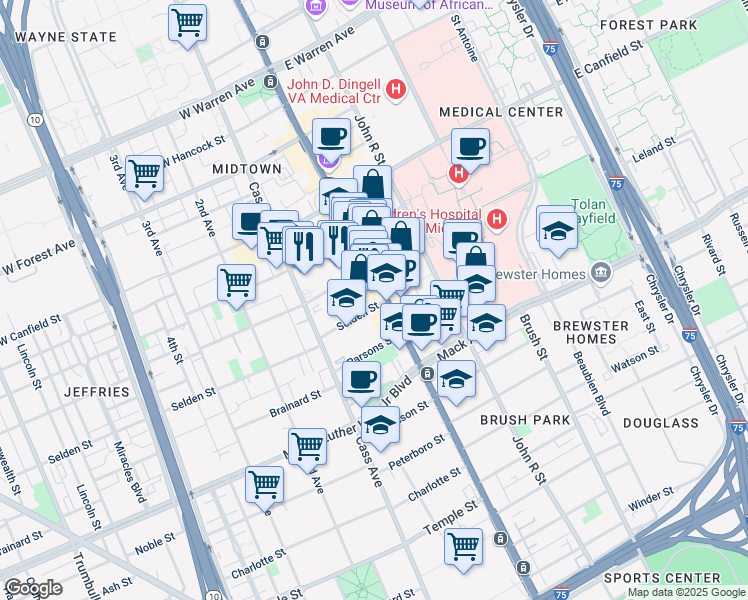 map of restaurants, bars, coffee shops, grocery stores, and more near 3771 Woodward Avenue in Detroit