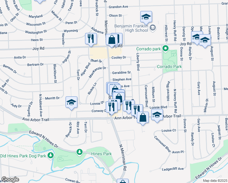 map of restaurants, bars, coffee shops, grocery stores, and more near 31216 Denne Street in Westland
