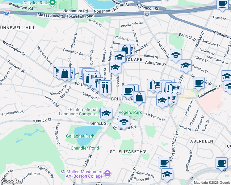 map of restaurants, bars, coffee shops, grocery stores, and more near 10 Beechcroft Street in Boston