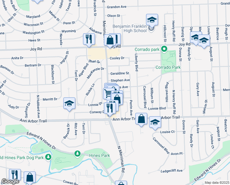 map of restaurants, bars, coffee shops, grocery stores, and more near 31216 Denne Street in Westland