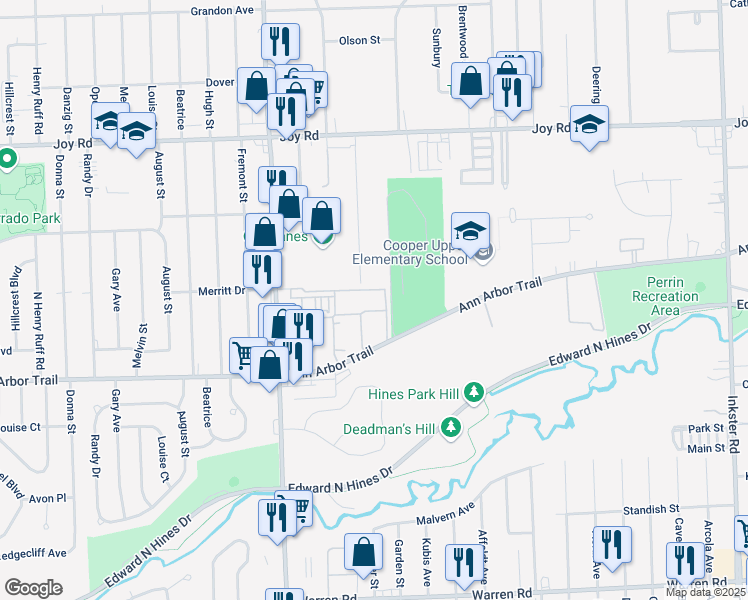 map of restaurants, bars, coffee shops, grocery stores, and more near 28932 Manchester Street in Westland