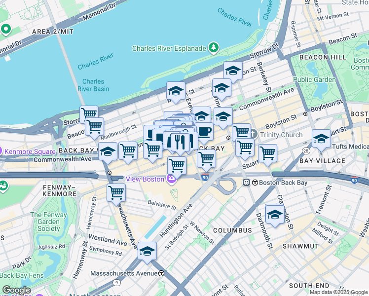 map of restaurants, bars, coffee shops, grocery stores, and more near 232 Newbury Street in Boston