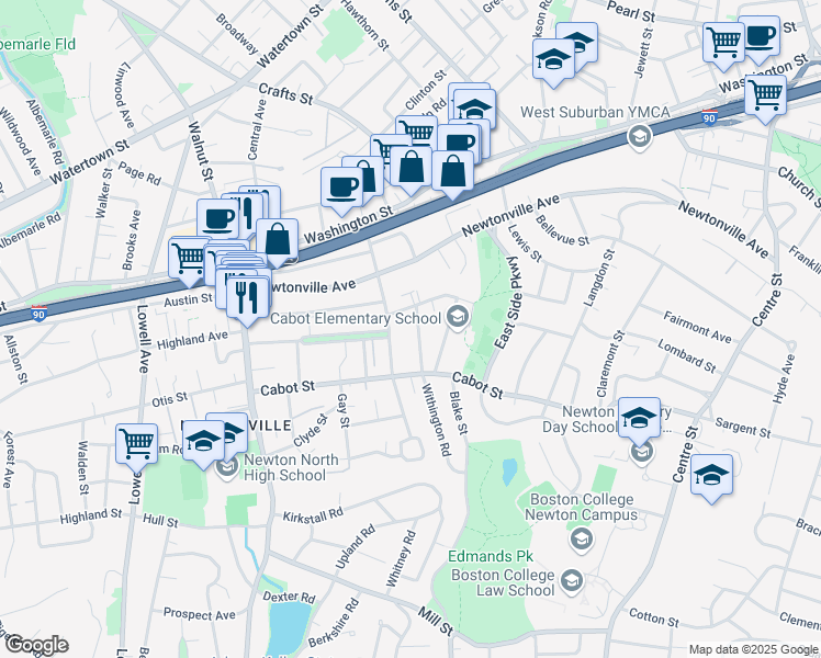 map of restaurants, bars, coffee shops, grocery stores, and more near 17 Clarendon Street in Newton