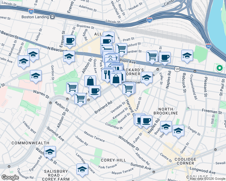 map of restaurants, bars, coffee shops, grocery stores, and more near 1254 Commonwealth Avenue in Boston