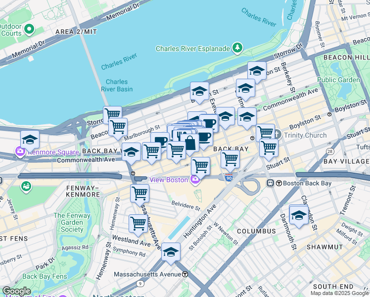map of restaurants, bars, coffee shops, grocery stores, and more near 265 Newbury Street in Boston