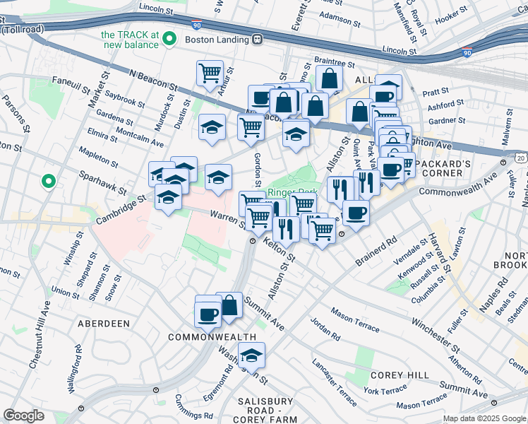map of restaurants, bars, coffee shops, grocery stores, and more near 1411 Commonwealth Avenue in Boston