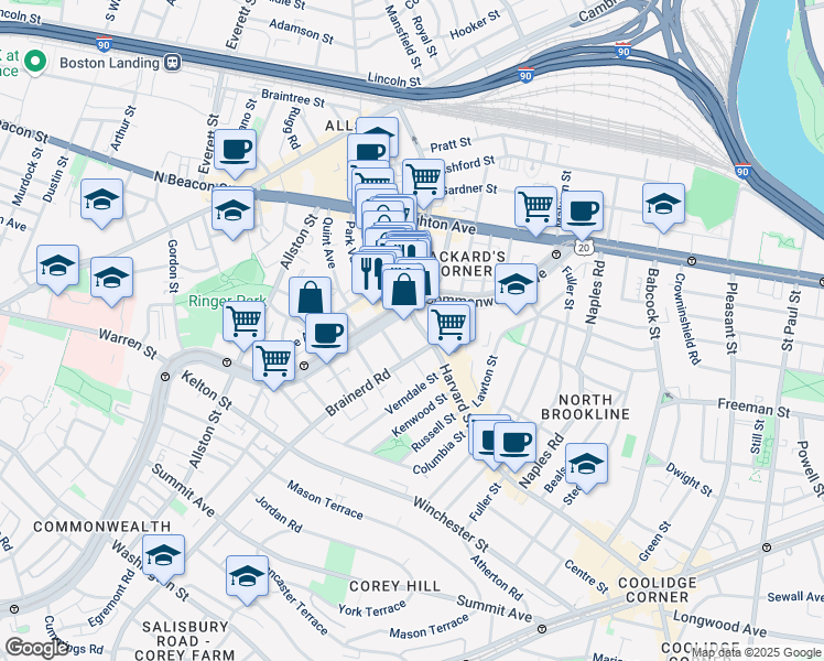 map of restaurants, bars, coffee shops, grocery stores, and more near 1254 Commonwealth Avenue in Boston
