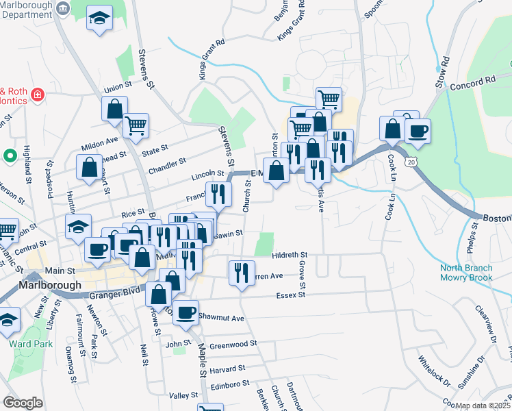 map of restaurants, bars, coffee shops, grocery stores, and more near 11 Vine Street in Marlborough