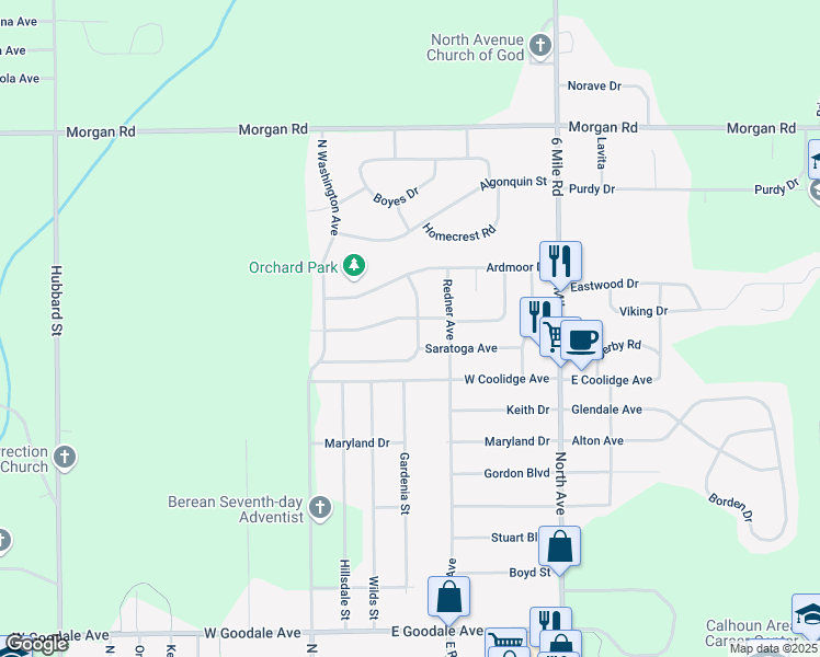 map of restaurants, bars, coffee shops, grocery stores, and more near 255 Sunwood Drive in Battle Creek