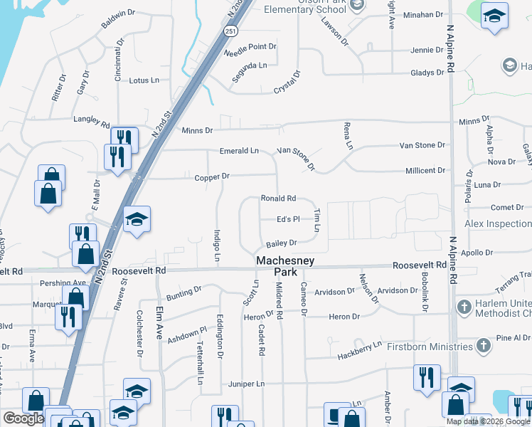 map of restaurants, bars, coffee shops, grocery stores, and more near 1204 Ed's Place in Machesney Park