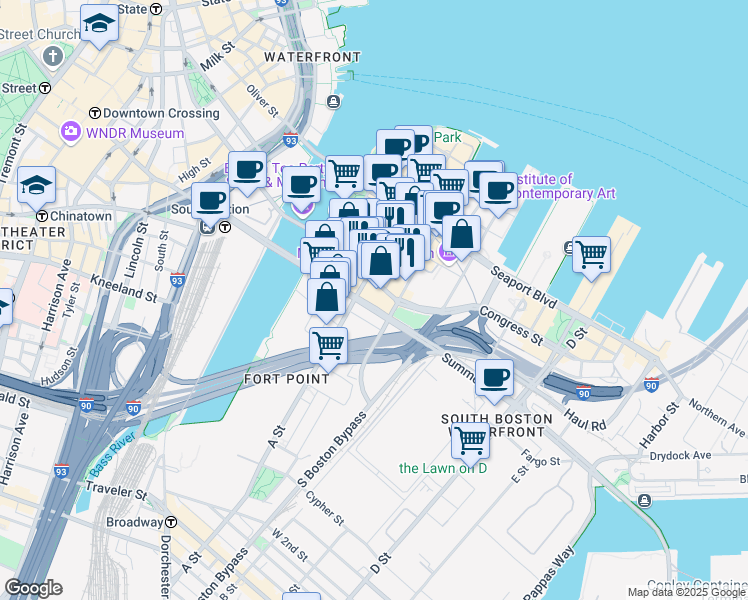map of restaurants, bars, coffee shops, grocery stores, and more near 4 West Service Road in Boston