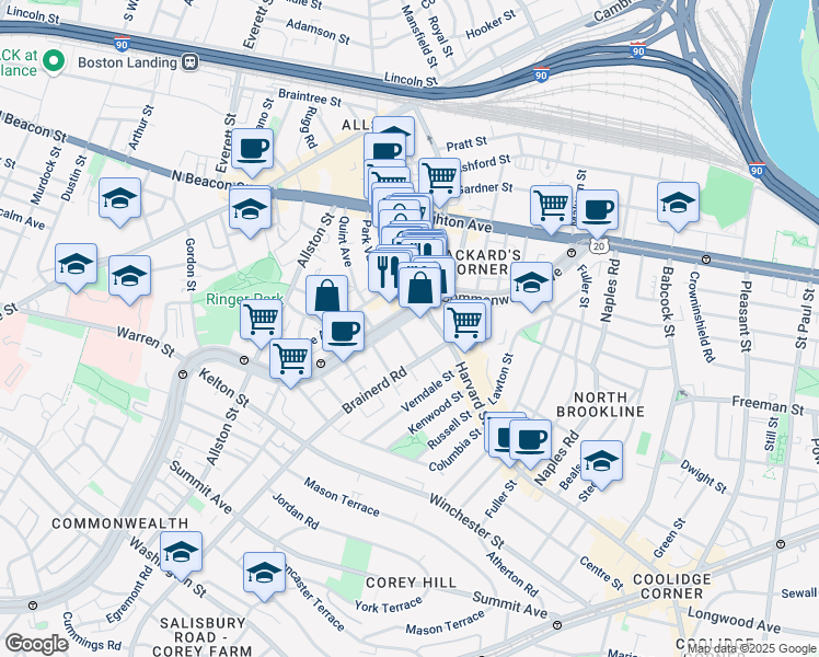map of restaurants, bars, coffee shops, grocery stores, and more near 1242 Commonwealth Avenue in Boston