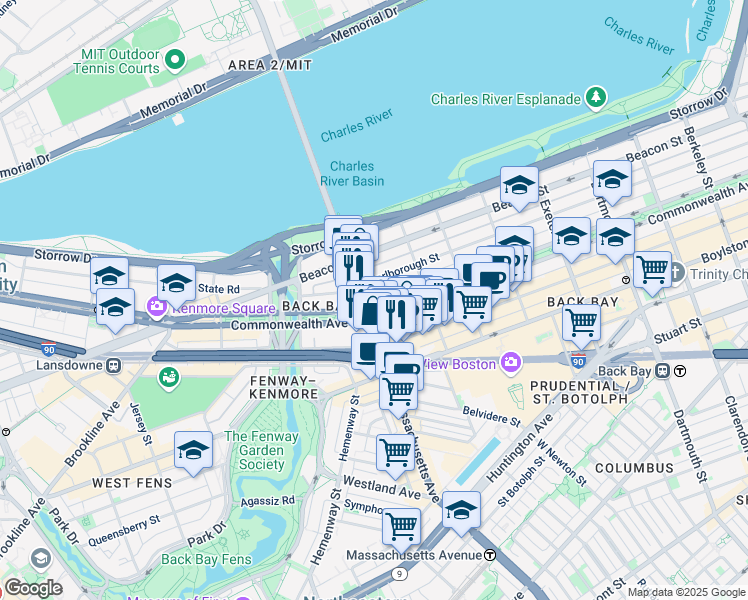 map of restaurants, bars, coffee shops, grocery stores, and more near 345 Commonwealth Avenue in Boston