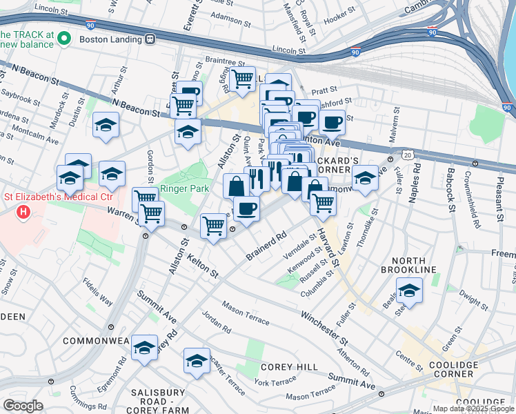 map of restaurants, bars, coffee shops, grocery stores, and more near 1283 Commonwealth Avenue in Boston