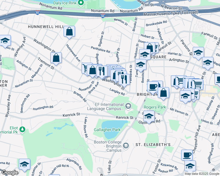 map of restaurants, bars, coffee shops, grocery stores, and more near 50 Langley Road in Boston