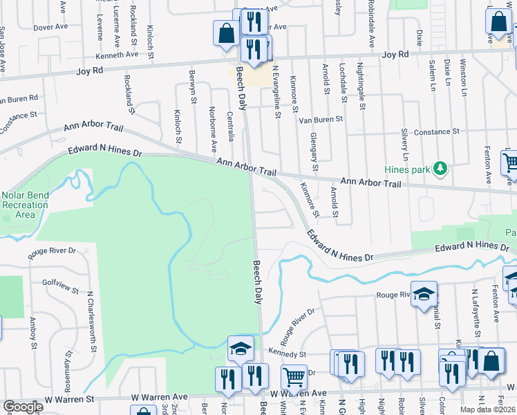 map of restaurants, bars, coffee shops, grocery stores, and more near 25668 Ridgeway Street in Dearborn Heights
