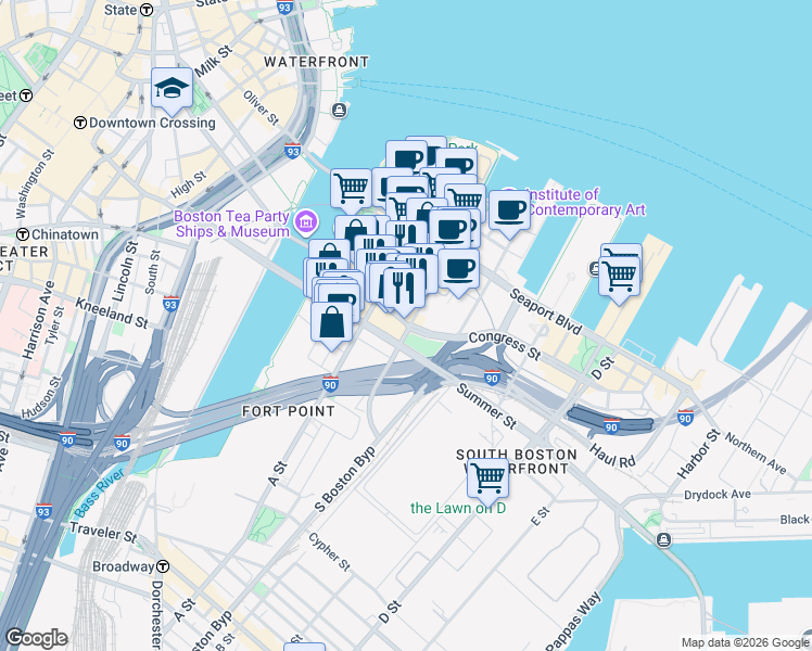 map of restaurants, bars, coffee shops, grocery stores, and more near 4 West Service Road in Boston