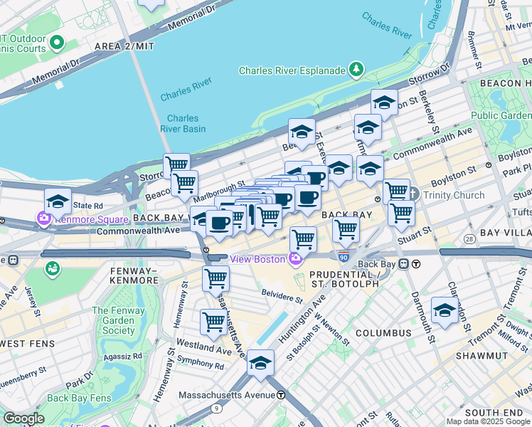map of restaurants, bars, coffee shops, grocery stores, and more near 296 Commonwealth Avenue in Boston