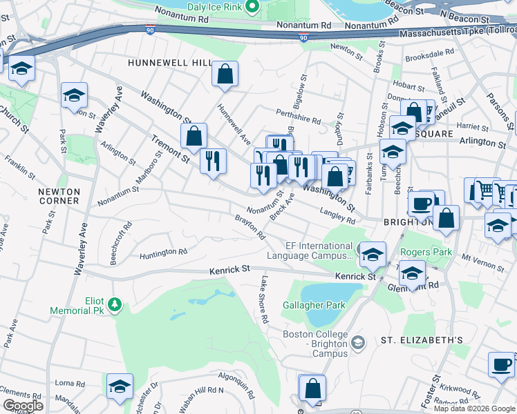 map of restaurants, bars, coffee shops, grocery stores, and more near 73 A Nonantum Street in Boston