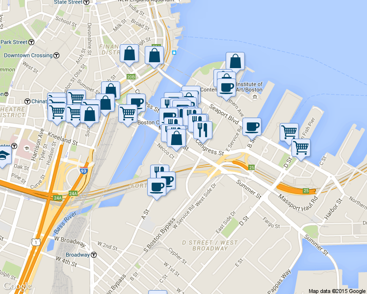 map of restaurants, bars, coffee shops, grocery stores, and more near in Boston