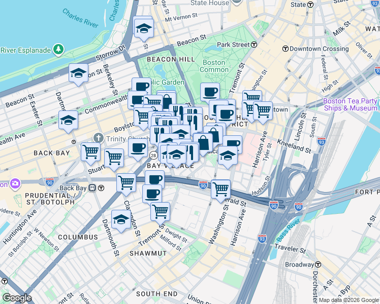map of restaurants, bars, coffee shops, grocery stores, and more near 34-38 Winchester Street in Boston