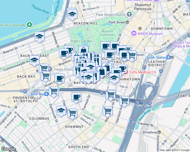 map of restaurants, bars, coffee shops, grocery stores, and more near 34-38 Winchester Street in Boston