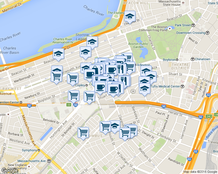 map of restaurants, bars, coffee shops, grocery stores, and more near 197 Clarendon Street in Boston