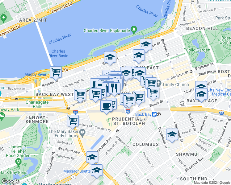 map of restaurants, bars, coffee shops, grocery stores, and more near 219 Newbury Street in Boston