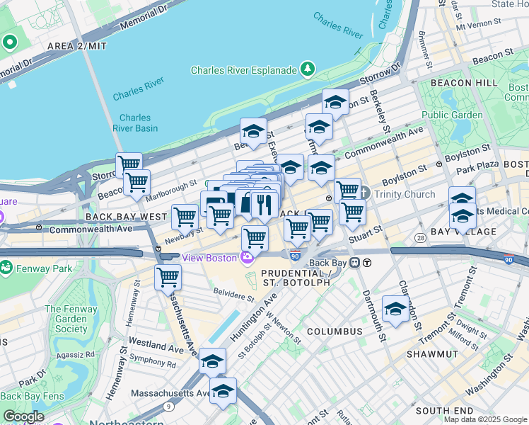 map of restaurants, bars, coffee shops, grocery stores, and more near 219 Newbury Street in Boston