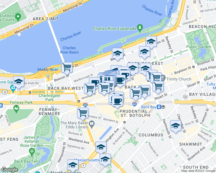map of restaurants, bars, coffee shops, grocery stores, and more near 267 Newbury Street in Boston