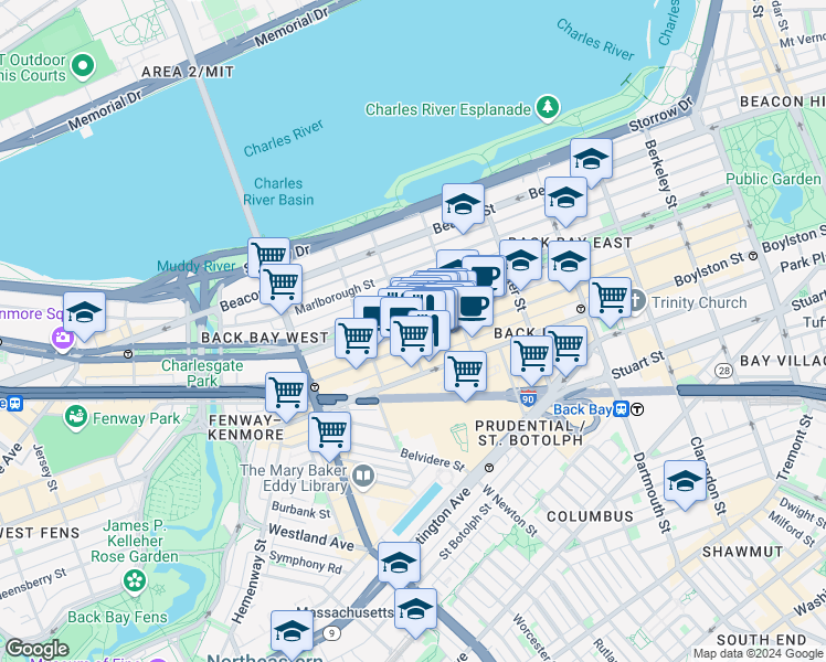 map of restaurants, bars, coffee shops, grocery stores, and more near in Boston