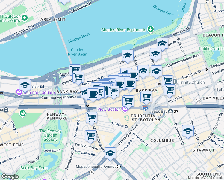 map of restaurants, bars, coffee shops, grocery stores, and more near 296 Commonwealth Avenue in Boston