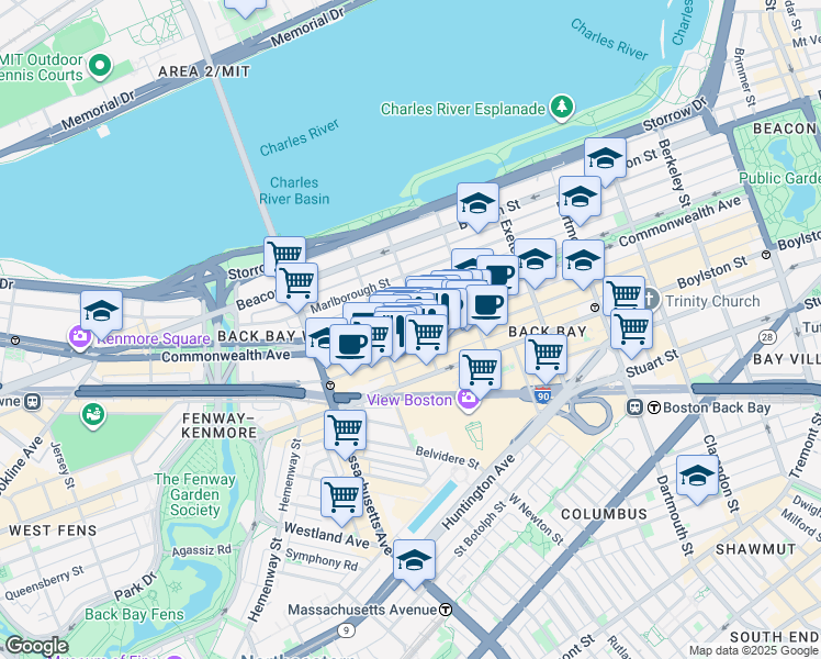 map of restaurants, bars, coffee shops, grocery stores, and more near 296 Commonwealth Avenue in Boston