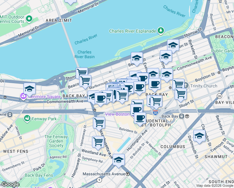 map of restaurants, bars, coffee shops, grocery stores, and more near 296 Commonwealth Avenue in Boston