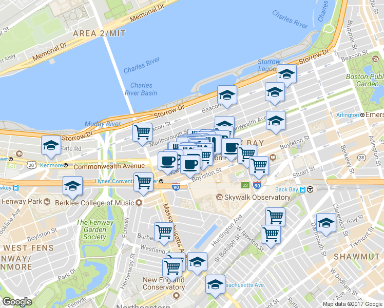 map of restaurants, bars, coffee shops, grocery stores, and more near 296 Commonwealth Avenue in Boston