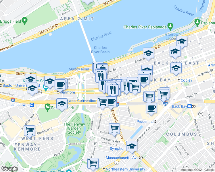 map of restaurants, bars, coffee shops, grocery stores, and more near 345 Commonwealth Avenue in Boston