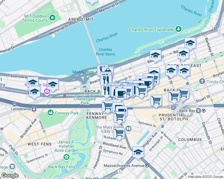 map of restaurants, bars, coffee shops, grocery stores, and more near 345 Commonwealth Avenue in Boston