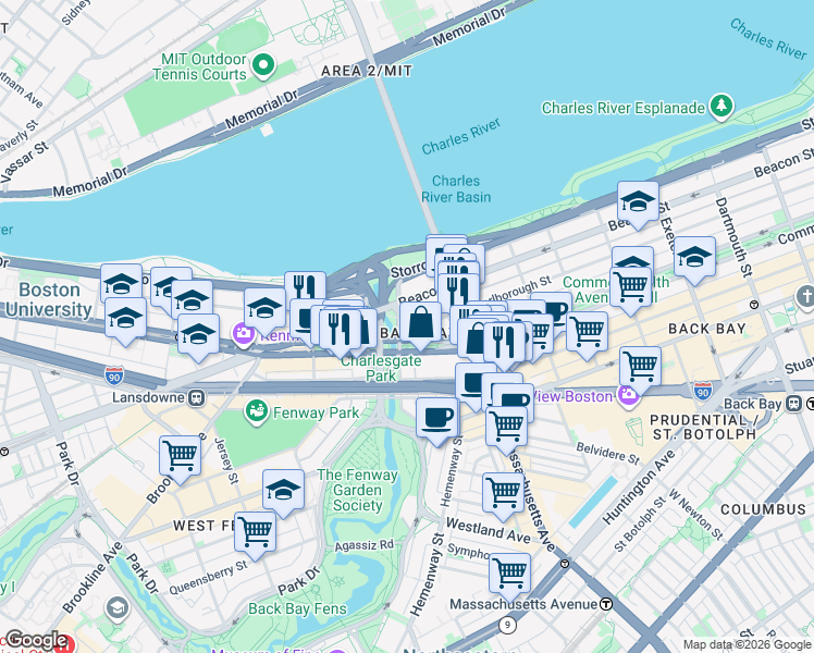 map of restaurants, bars, coffee shops, grocery stores, and more near in Boston