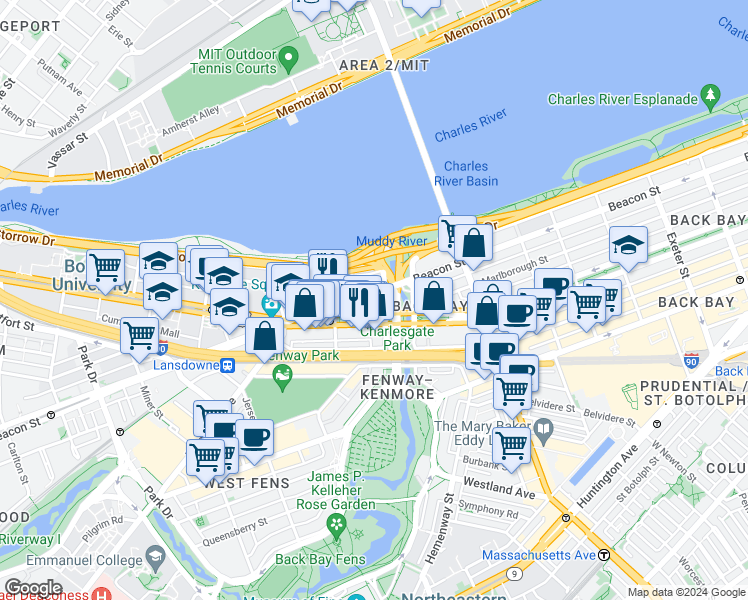 map of restaurants, bars, coffee shops, grocery stores, and more near 483 Commonwealth Avenue in Boston